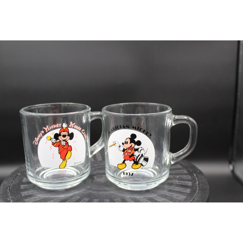 2 Disney Clear Glass Mugs Anchor Hocking 1955 Mickey Mouse; 1937 Magician Mickey